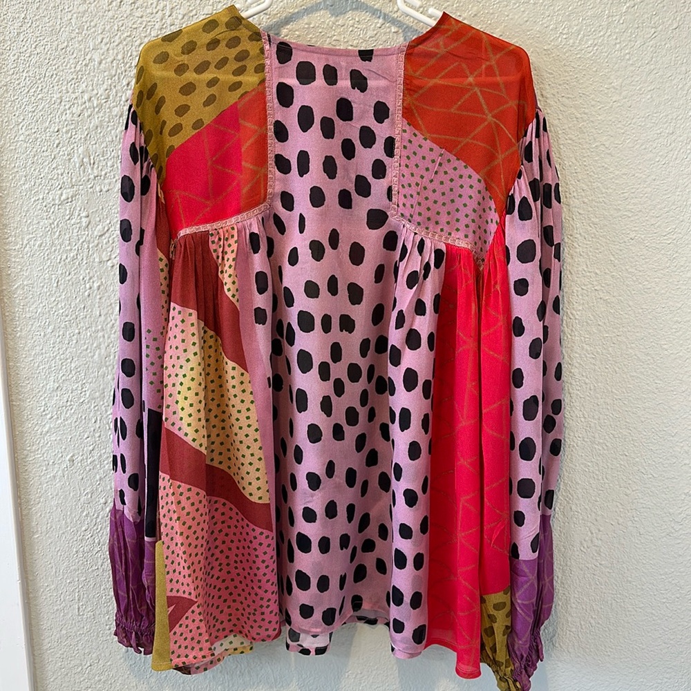 Multicolored Patchwork Long-Sleeve Blouse - Pink/Red